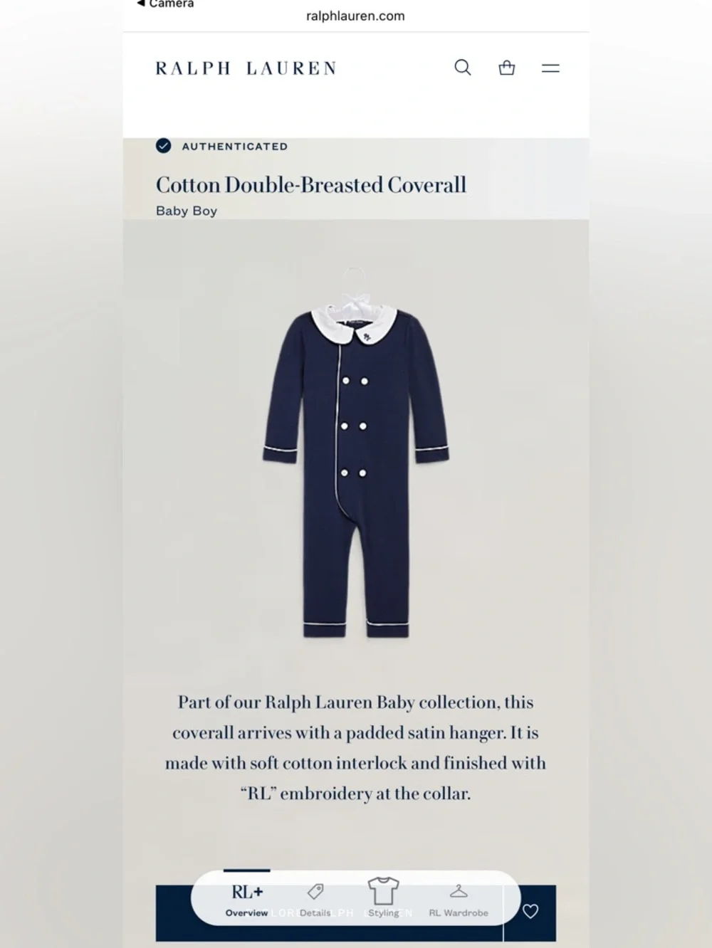 Baby Ralph Lauren Boy's Double Breasted Embroidered Coverall 18M